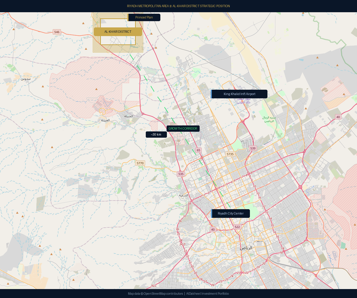 Riyadh metropolitan area map showing Al-Khair District strategic position relative to King Khalid International Airport, Princes' Plan, and the city center growth corridor